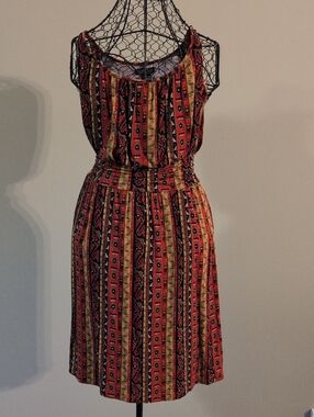 Lucky Brand Red and Yellow Striped Tribal-Print Sleeveless Mini Dress